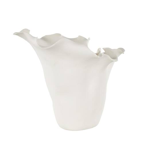 10.5" White Ceramic Abstract Floral Vase with Wavy Folded Rim